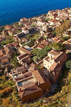 an aerial view of a small village by the ocean with red tiled roofs and blue water