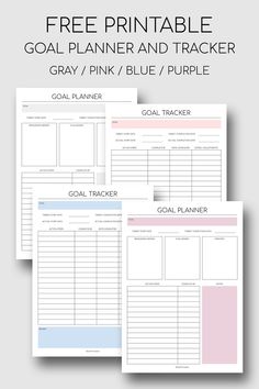 three printable goal planner and trackers with the text free printable goal planner and tracker