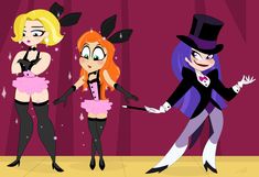 three cartoon characters dressed up in costumes and hats, one is wearing a top hat