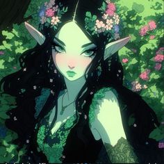 a woman with long black hair and green eyes is surrounded by flowers in the forest