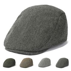 five different colors of hats on a white background, including one grey and one brown