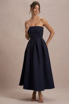 Annalise | Navy Bandeau Skater Midi Dress Navy Blue Bridesmade Dress, Simple Navy Dress, Midi Bridesmaid Dress Weddings, A Line Midi Dress Formal, Graduation Midi Dress, Navy Graduation Dress, Wedding Guest Outfit Classy, Elegant Christmas Dress, Cocktail Dress Evening Party