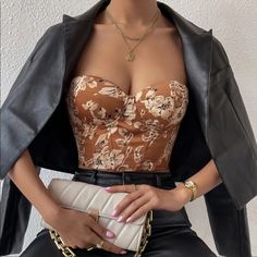 Boho Brown Floral Print Lace Up Back Satin Bustier Corset Tube Top Xs S M L, 100% Polyester, Ships In 7-8 Days Bustier Outfit, Plus Size Corset Tops, Satin Bustier, Black Corset Top, Brown Floral Print, Boho Crop Tops, Plus Size Corset, Boutique Couture, Backless Crop Top