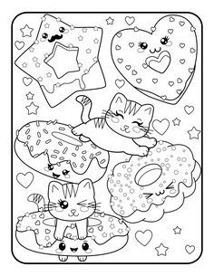 a coloring page with donuts and cats