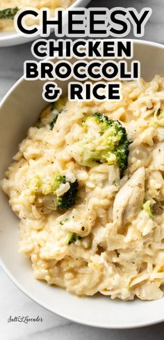 two bowls filled with cheesy chicken broccoli and rice on top of a table