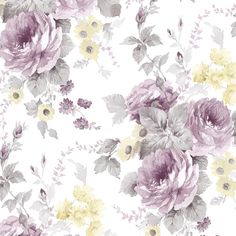 a white and purple flowered wallpaper with lots of flowers on the bottom half of it