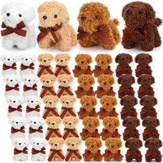 teddy bears and other stuffed animals are arranged in different patterns on a white background, including one with a brown bow tie