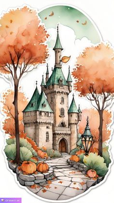 a watercolor drawing of a castle with pumpkins on the ground and trees around it