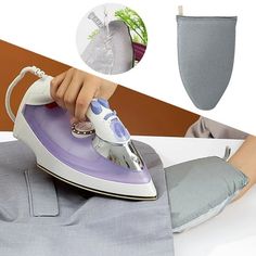 a woman ironing clothes with an electric iron