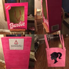 three pink shopping bags with barbie fashionistas on the front and one has a silhouette of a woman's head