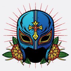 an image of a blue mask with flowers around it