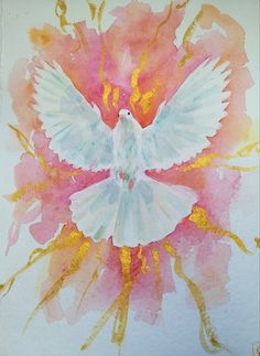 a watercolor painting of a white dove with pink and yellow flowers