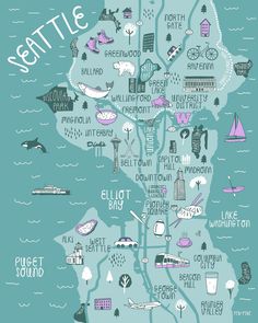 an illustrated map of seattle with all the places to see and where they are located