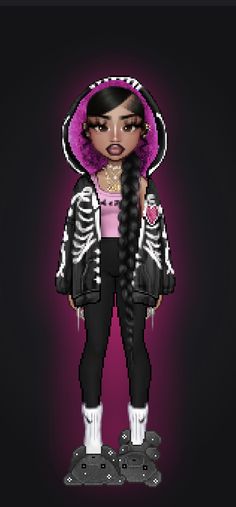 an animated girl with pink hair and black pants standing in front of a dark background