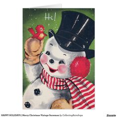 a painting of a snowman with a red and white hat holding a small bird