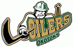 the edmonton oilers logo is shown in green and gold, with an image of a hockey player holding a stick