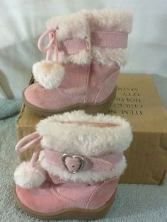 SUPER CUTE infant girls size 2 Faded Glory, pink faux suede and faux fur boots with pom poms and heart buckle. in nice pre-owned condition, only 1 available, view all of the listed photos of these ADORABLE MUST HAVE pink boots. I am an established ebay seller with 3 additional established ebay stores.  Little discoloration on the Pom poms Sheath Dresses, Kawaii Shoes, Alencon Lace, Infant Girls, Pink Boots, Faux Fur Boots, Girly Shoes