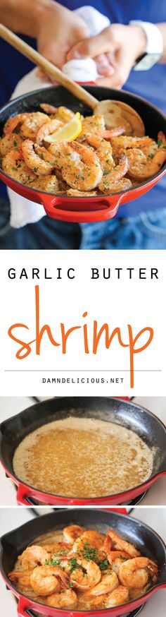 garlic butter shrimp recipe is shown in three different pans