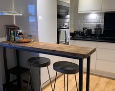 two stools sit at the bar in this modern kitchen