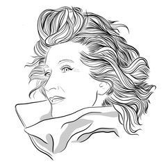 a black and white drawing of a woman's face with her hair blowing in the wind