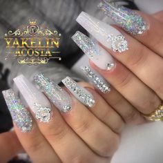 Nails Grunge, White And Silver Nails, Glitter Gel Nails, Homecoming Nails Acrylic, White Acrylic Nails, Grunge Nails, Uñas Acrilicas