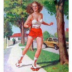 a painting of a woman rollerblading down the street with trees in the background