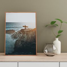 there is a vase with a plant on the shelf next to it and a framed photo