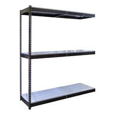 three tiered shelving unit with white shelves on each side and black metal brackets at the bottom