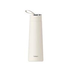 thermos bottle is white and has a handle on it's side,