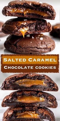 salted caramel chocolate cookies stacked on top of each other with the words salted caramel above them