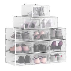 several clear bins filled with various pairs of shoes on top of eachother