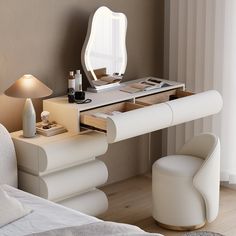 a white desk with a mirror on top of it next to a chair and lamp