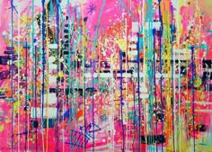 an abstract painting with pink, yellow and blue colors