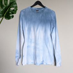 Dusty Navy Blue, Light Blue And White Ombre Tie Dye Long Sleeve T-Shirt Unisex Sizing Hand Dyed By Me On A Brand New Tee Has Stretch Preshrunk 100% Cotton 21.5" Pit To Pit | 29" Long Blue Washed Relaxed Fit T-shirt, Blue Washed Cotton Tops, Blue Washed Cotton Top, Light Blue Washed Cotton Tops, Blue Cotton Soft-washed Top, Soft-washed Blue Cotton Top, Basic Blue Soft-washed Tops, Blue Washed T-shirt For Spring, Casual Bleached Blue Top