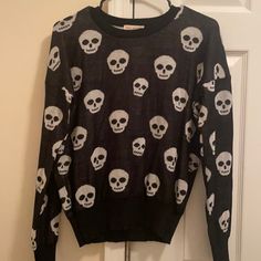 Black & White Skull Sweater. Never Worn But Tags Fell Off, Size M Trendy Skull Shaped Tops For Fall, Trendy Black Halloween Sweater, Alternative Black Halloween Sweater, Alternative Style Black Halloween Sweater, Casual Skull Print Tops For Winter, Casual Winter Tops With Skull Print, Casual Black Halloween Sweater, Casual Black Sweater For Halloween, Black Emo Halloween Sweater