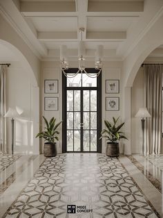 a large room with two potted plants on the floor and a chandelier hanging from the ceiling