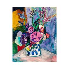 a painting of flowers in a blue and white vase on a table with purple walls