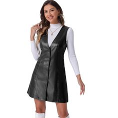 This sleeveless overall dress features a unique pinafore design with a button-down front and V-neckline, perfect for creating stylish and fashion-forward looks. Crafted from faux leather material, this mini dress exudes edgy sophistication, adding a touch of modern to your ensemble. Whether you're heading to a stylish event or looking to make a bold impression on a night out, this faux leather pinafore mini dress is your go-to piece for turning heads and showcasing your individuality. Leather Pinafore, Overall Dresses, Midi Slip Dress, Ballet Dress, Mini Skater Dress, Women Midi, Women Maxi, Dress 16, Overall Dress