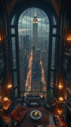 a living room filled with furniture and tall buildings