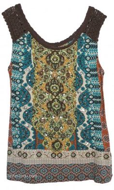 Omega Hippy Boho Sleeveless Knit Top Teal & Brown Bila Blouses Womens Plus Size Clothing, Bohemian Top, Sleeveless Knit Top, Crochet Collar, Bohemian Tops, Boho Chic Outfits, Sleeveless Knit, Hippie Outfits, Bohemian Clothes