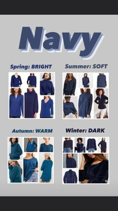 an advertisement with many different types of sweaters and tops in blue, green, gray and white colors