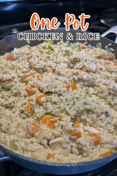 one pot chicken and rice in a skillet on the stove with text overlay