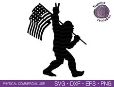 the silhouette of a man with an american flag holding a stick in one hand and walking