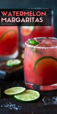 watermelon margaritas are garnished with lime