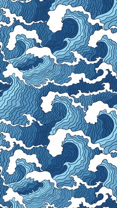 an abstract blue and white pattern with wavy waves in the sky, as well as clouds