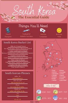 the south korea essential guide is shown in red and pink with white flowers on it