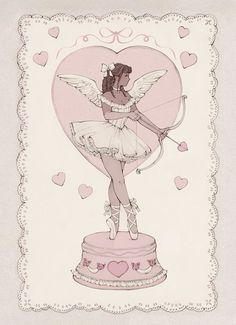 a drawing of a girl holding a bow and arrow on top of a pink cake