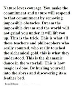 a poem written in black and white with the words nature loves courage you make the commentment and nature will respond to that commit by removing impossible obstacles