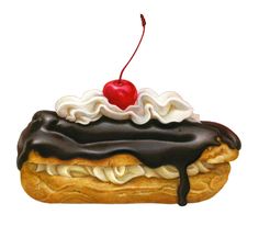 a painting of a pastry with chocolate icing, whipped cream and a cherry on top