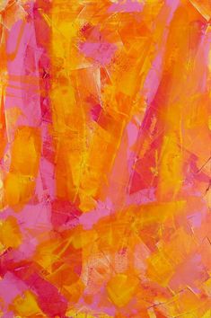 an orange and pink abstract painting with lots of yellow paint on it's surface